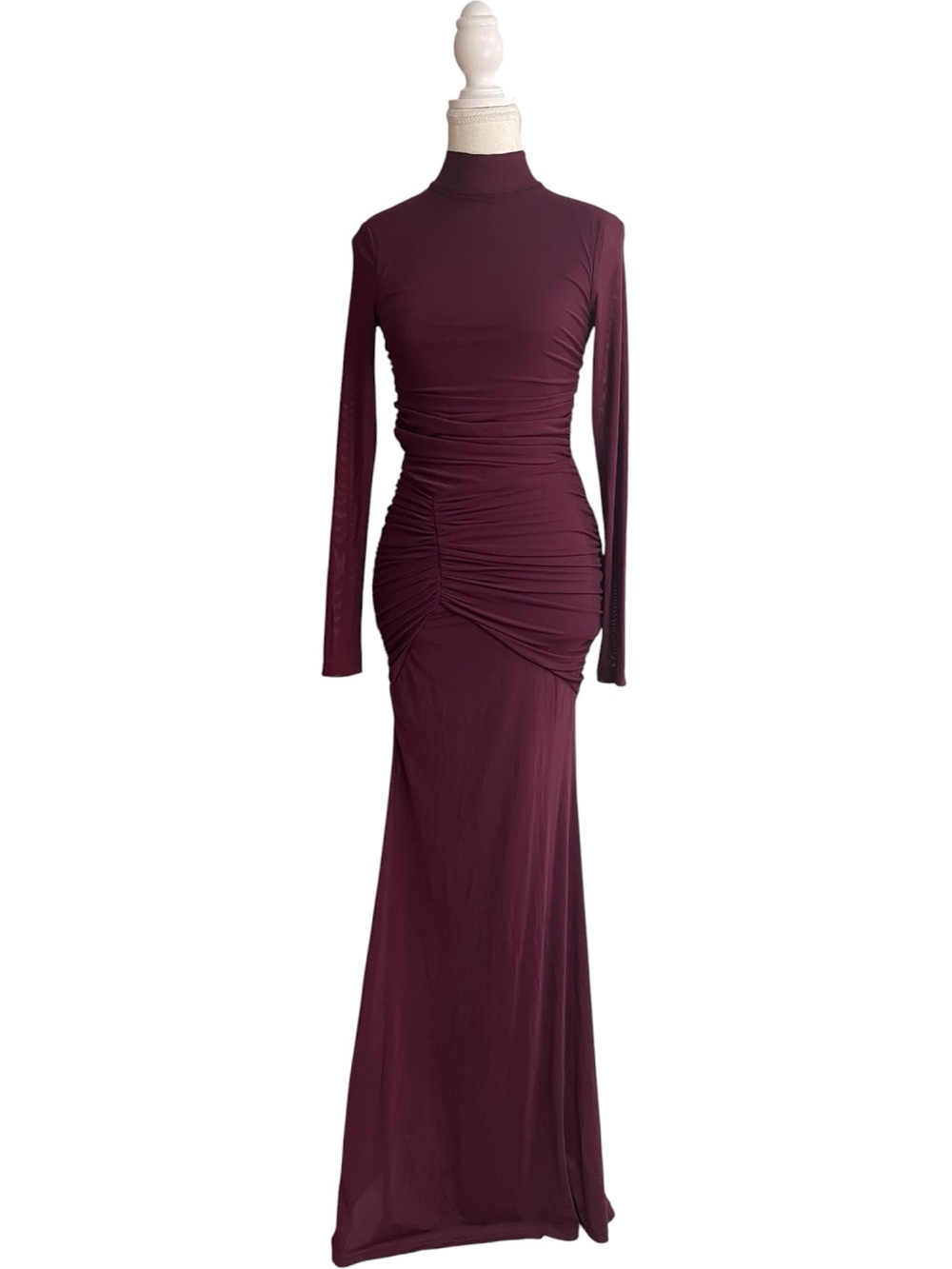 Lulus Madahlia Mesh Mock Neck Ruched Cutout Maxi Dress Burgundy Wine Red